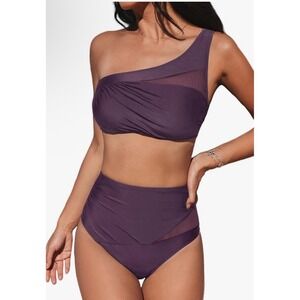 Cupshe One Shoulder Bikini Set Plum Purple Ruched Mesh High Waist Size M